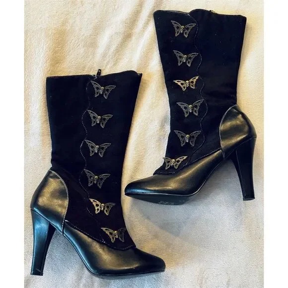 Demonia Women's Steampunk Skull & Butterfly Boots Black Size 6.5 Mid-Calf - Picture 4 of 12